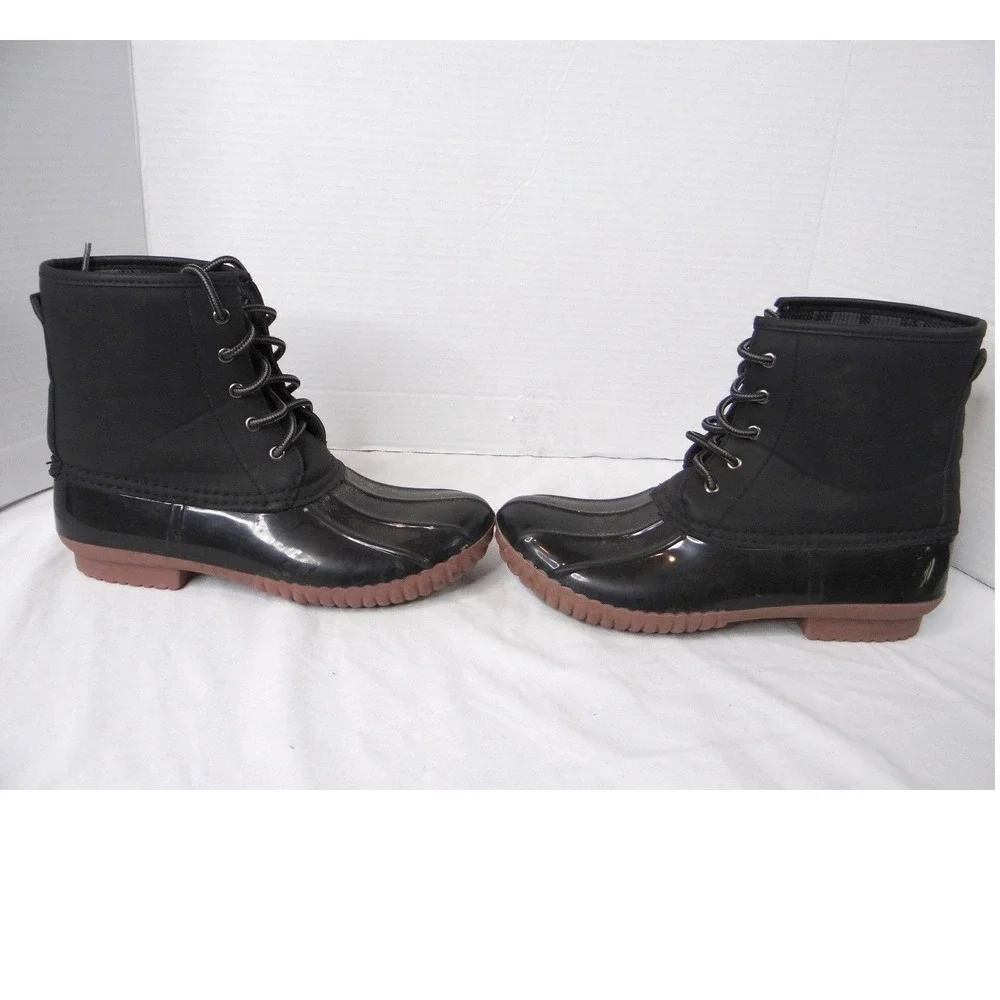 Charlotte Russe Black Lace‎ Up Duck Boots Waterproof Rubber Sole Plaid Lined
